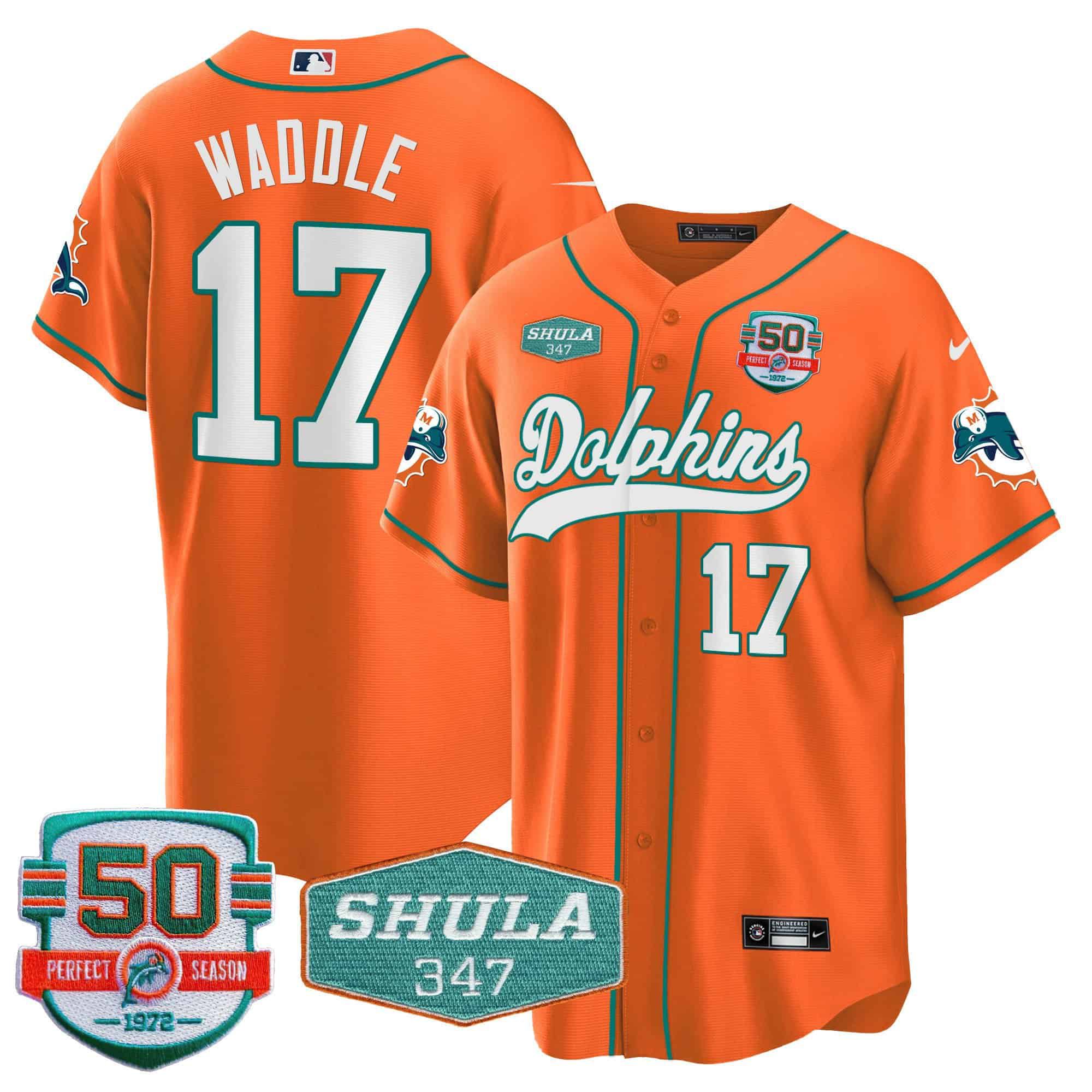 Men Miami Dolphins #17 Waddle Orange 2024 Nike 50th Don Shula Memorial Patch Baseball NFL Jersey